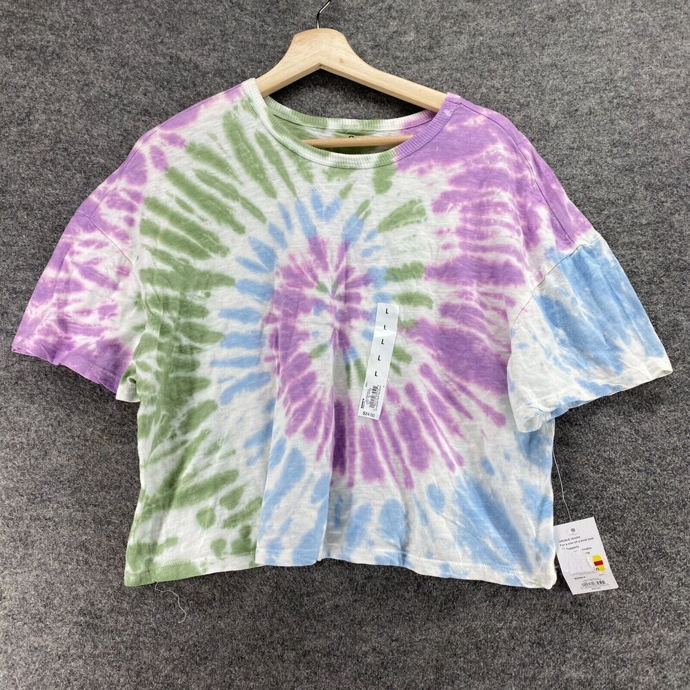 New So Cropped T-Shirt Women L Large Purple Colorblock Crew Neck Short Sleeve